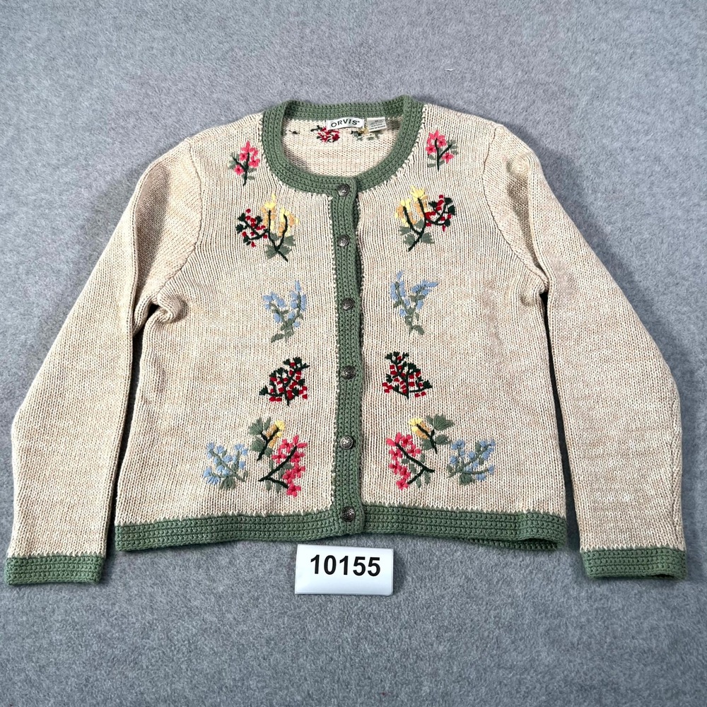 Orvis Sweater Womens Medium Embroidered Floral Knit Grannycore Cottagecore